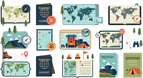 Travel Adventure Passport and World Map Illustration Set Featuring Backpacking Journey, Camping, Global Destinations, Navigation Maps and Tourism Exploration Elements