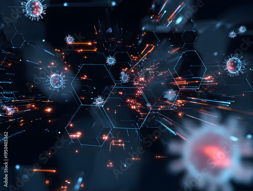 Digital virus particles moving through hexagonal data network with glowing cyber attack signals