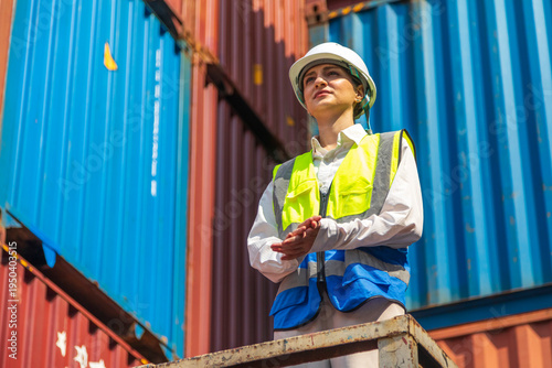 Female engineer in hardhat and safety vest smiling and looking at sky.  Factory worker at container cargo ship yard.