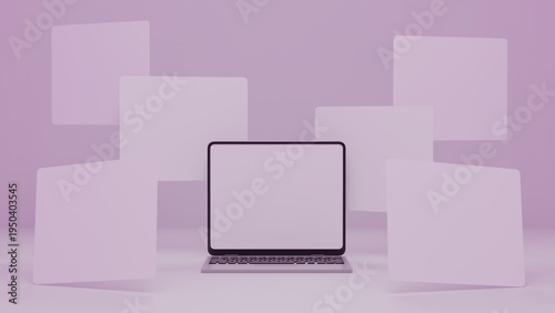 Laptop Mockup with Blank Screen and Floating UI Cards on Purple Background, Minimal Technology Device Template for Website Interface Presentation