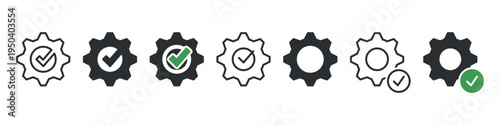 Gear and checkmark icons set representing settings, verification, successful configuration, system optimization, maintenance completion
