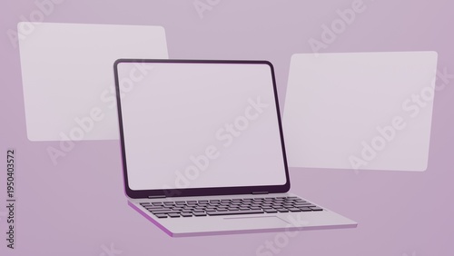 Laptop Mockup with Blank Screen and Floating Interface Frames on Purple Background, Modern 3D Render Technology Device Template for UI Design