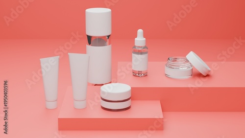Cosmetic Packaging Mockup with Serum Bottle and Cream Jar on Red Podium Display, Clean 3D Render Skincare Product Template