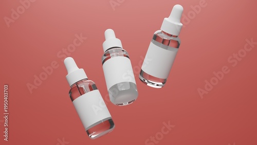 Floating Serum Dropper Bottle Mockup on Red Background, Modern 3D Render Skincare Packaging Template for Beauty Product Advertising