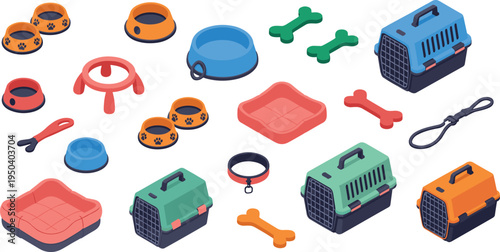 Pet care accessories set, dog bowls beds toys bones carriers leash collar feeding supplies isometric vector pet shop illustration