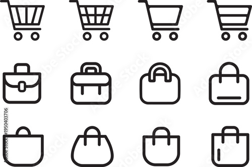 Shopping carts and various handbags icons on white background