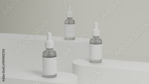 Serum Dropper Bottle Mockup with Minimal Cosmetic Packaging on Neutral Studio Background, Clean 3D Render Beauty Branding Template