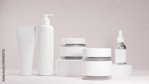 Skincare Cosmetic Packaging Set with Bottles and Cream Jars on Minimal Background, Modern 3D Render Template for Beauty Brand Presentation