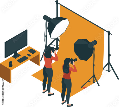 Photography studio setup illustration, professional photographers shooting with lighting equipment and backdrop, creative photo production workspace isometric vector design