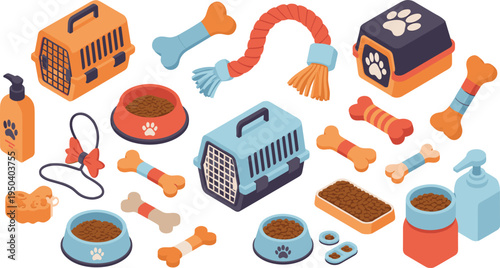 Pet care accessories set, dog toys bones bowls carrier leash grooming shampoo pet supplies isometric vector illustration collection