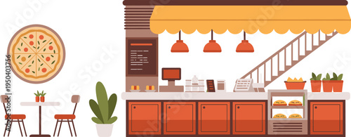 Pizza cafe interior flat illustration, restaurant counter bakery display coffee shop furniture modern fast food cafe vector scene