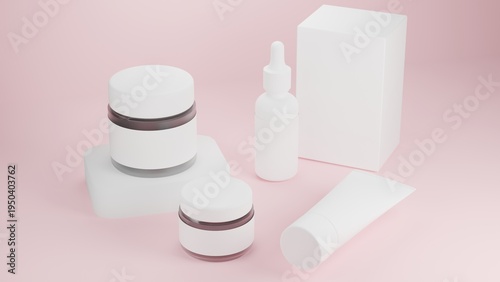 Skincare Product Mockup Set with Cream Jar, Dropper Bottle and Cosmetic Tube on Soft Pink Background, Minimal Beauty Packaging Display