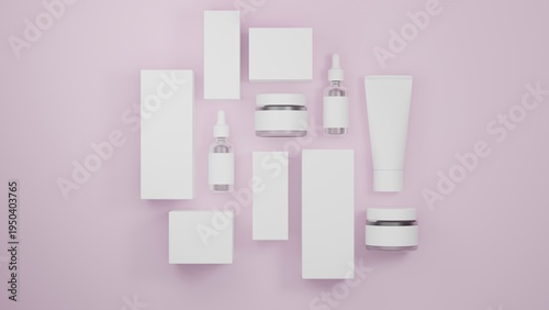 Cosmetic Skincare Packaging Collection with Blank Bottles and Tubes on Pink Background, Minimal 3D Render Beauty Product Branding Template