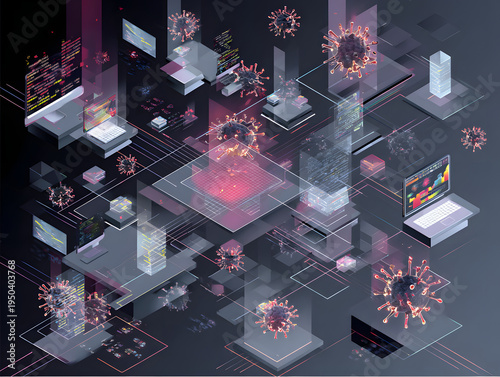 Isometric digital network with floating virus particles attacking connected computers and servers