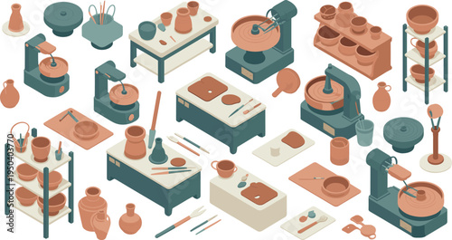 Pottery workshop equipment and ceramic tools collection, clay wheel sculpting tools pottery studio craft isometric vector illustration set