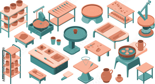 Pottery workshop equipment and ceramic tools set, clay wheel sculpting tools pottery studio craft isometric vector illustration collection