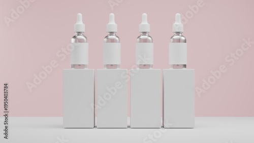 Serum Dropper Bottle Set on Minimal Podium Display, Clean Cosmetic Packaging Mockup for Skincare Brand Presentation and Beauty Advertising