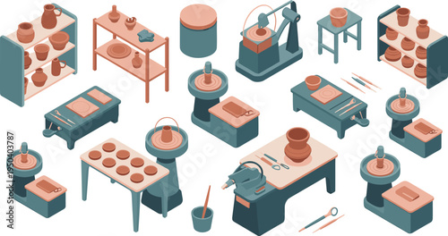 Pottery workshop equipment and ceramic tools set, clay wheel sculpting tools pottery studio craft isometric vector illustration collection
