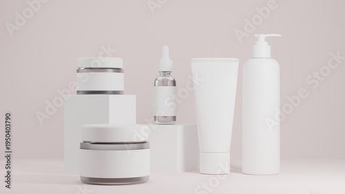 Cosmetic Skincare Packaging Mockup Set with Bottles and Tubes on Minimal Background, Clean 3D Render Template for Beauty Brand Display