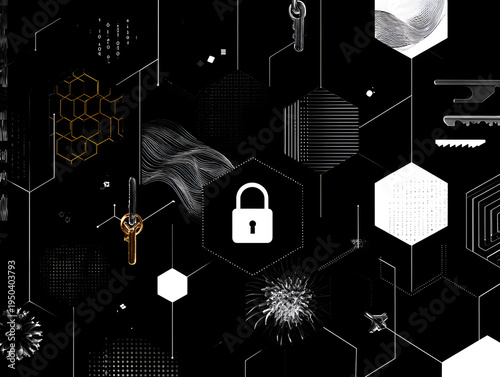 Abstract cyber security background with padlock symbol keys and geometric network elements