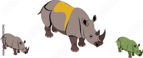 Rhinoceros animal illustration set, isometric rhino wildlife safari flat minimalist vector collection of African rhinoceros wildlife icons