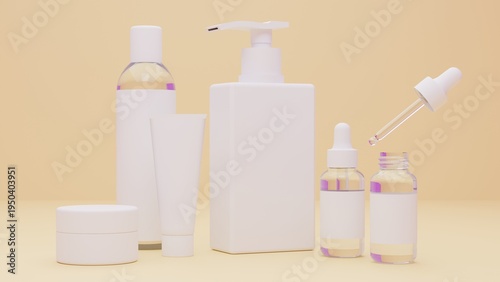 Cosmetic Packaging Collection with Pump Bottle, Dropper Bottle and Cream Jar on Neutral Background, Minimal Beauty Product Display