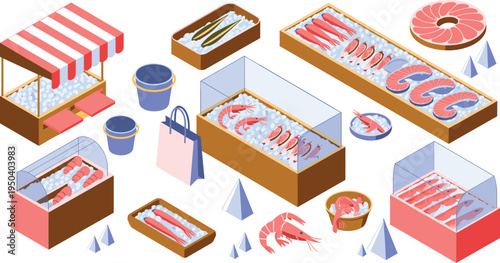 Seafood market display illustration, fresh shrimp salmon and fish on ice counters, seafood shop stall isometric vector collection