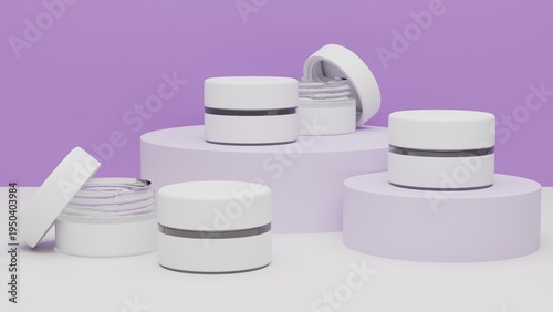 Skincare Cream Jar Mockup Set on Purple Podium Background, Minimal Cosmetic Packaging Template for Beauty Brand Presentation