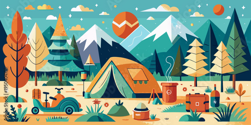 Vector illustration of camping in nature with mountains, trees, tent, and more for story book and web design