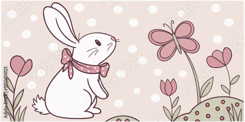A cute cartoon bunny with pink ribbon scarf catching butterfly wallpaper. Greeting card illustration