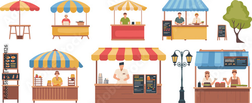 Street food market stalls set, vendor kiosks with awnings menus and cooks vector illustration collection of outdoor food stands