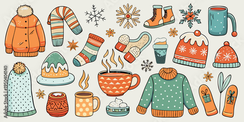 Vector set of Christmas icons featuring a holiday cake, tree, and hot chocolate for a winter celebration design