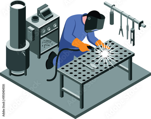 Welder working metal workshop illustration, industrial welding process with protective equipment, manufacturing fabrication worker isometric vector industry design