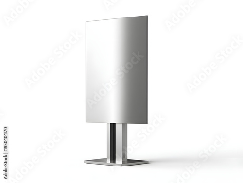 Side perspective of tall metallic sign display stand with blank vertical panel