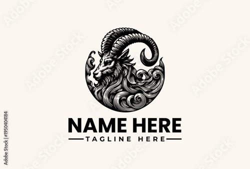 A black and white illustration of a goat's head with a curved horn, surrounded by swirling patterns, with a placeholder text for a name and tagline on a plain beige background.