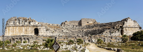 Panoramic view of ancient Roman theater ruins in Miletus archaeological site, Aydin, Turkey