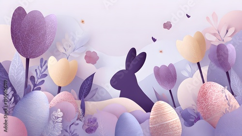 Artistic Easter Layout with Pastel Tones, Playful Bunny Silhouette, and Intricately Patterned Eggs Amid Blooming Tulips