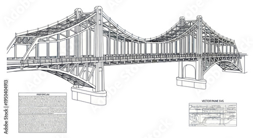 Ornate Suspension Bridge Architectural Drawing with Blueprints