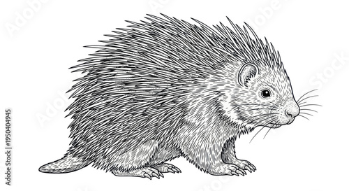 Porcupine Illustration - Detailed Black and White Drawing of a Rodent with Spikes