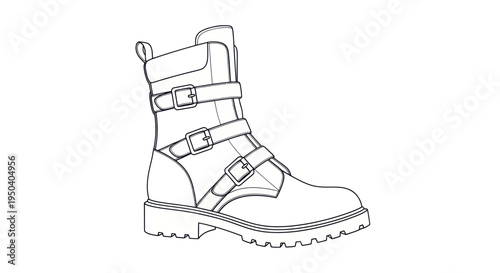 Sketch of a Buckled Combat Boot, Fashionable Footwear Design