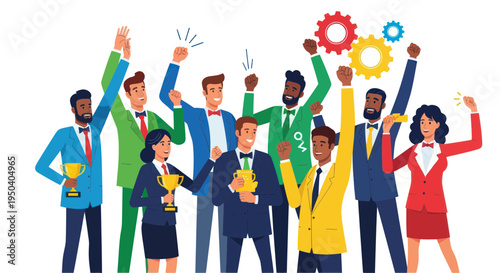 Successful Business Team Celebrating Victory with Trophies and Gears