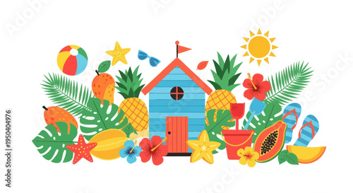 Tropical Summer Beach Vacation Scene with Beach House, Fruits, and Beach Toys