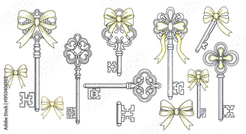 Vintage ornate keys with satin bows, elegant antique design elements