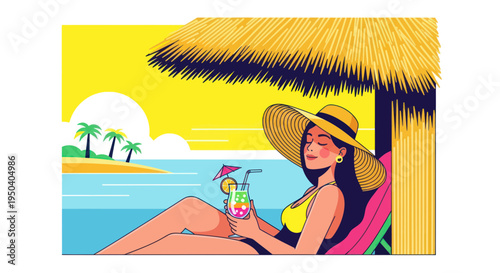 Woman relaxing on beach under umbrella with cocktail, enjoying summer vacation