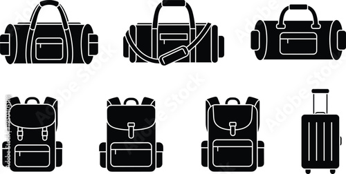 Vector illustration of travel bags set including backpacks duffel bags and suitcase icons for tourism vacation journey and luggage storage.