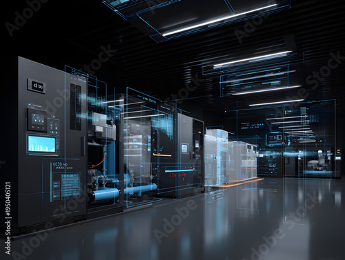 Futuristic server racks with holographic interface panels inside advanced data center facility