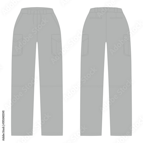 Cargo pants front and back view vector mockup template for tech pack and fashion design. Flat lay casual streetwear clothing illustration isolated on white background.