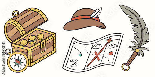 Colorful cartoon collection of pirate items including a treasure chest, map, compass, hat, and sword, representing adventure, exploration, and maritime life in a fun illustrated style .vector icon