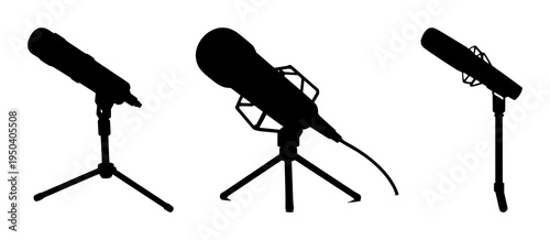 Broadcasting microphone set with a solid black silhouette design featuring media production, audio equipment, podcasting with a sleek desktop stand and a clean white background