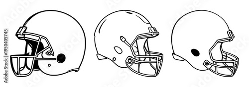 American football helmet set with minimalist black and white line art illustration featuring football, helmet, sport with outline and flat decal